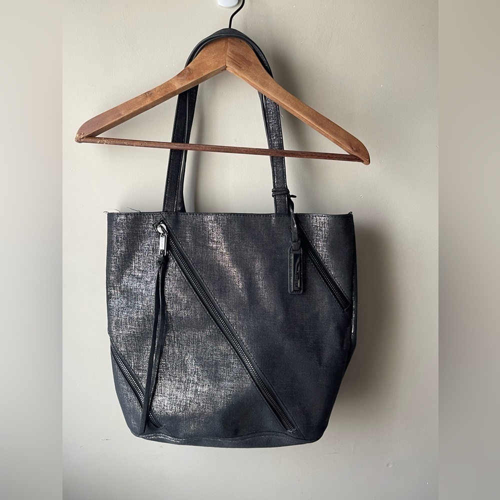 Joe's Jeans Black/Silver metallic Threads Fabric Tote Shoulder Bag purse